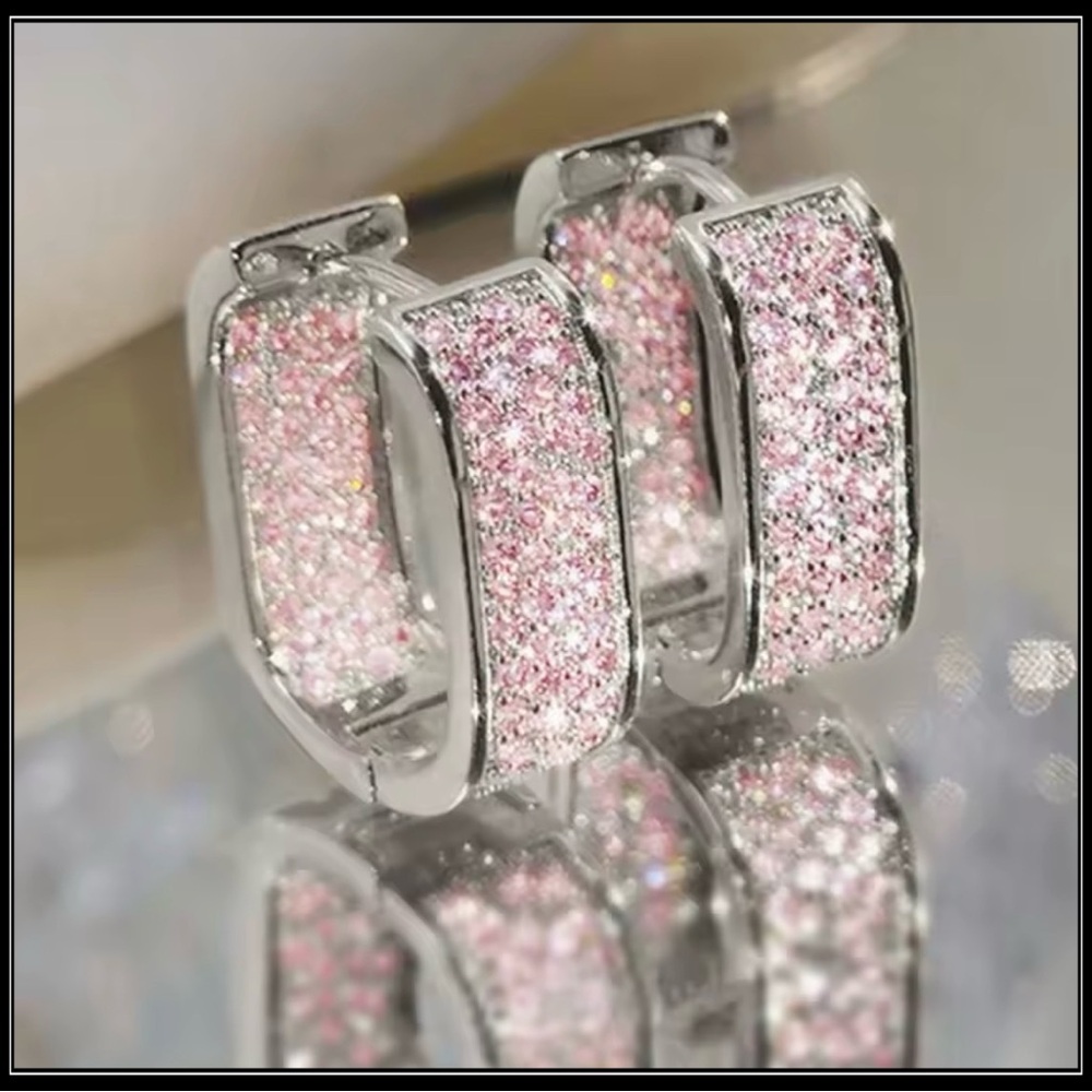 Clearance! Silver Pink Simulated Amethyst Rectangular Crystal Hoop Earrings